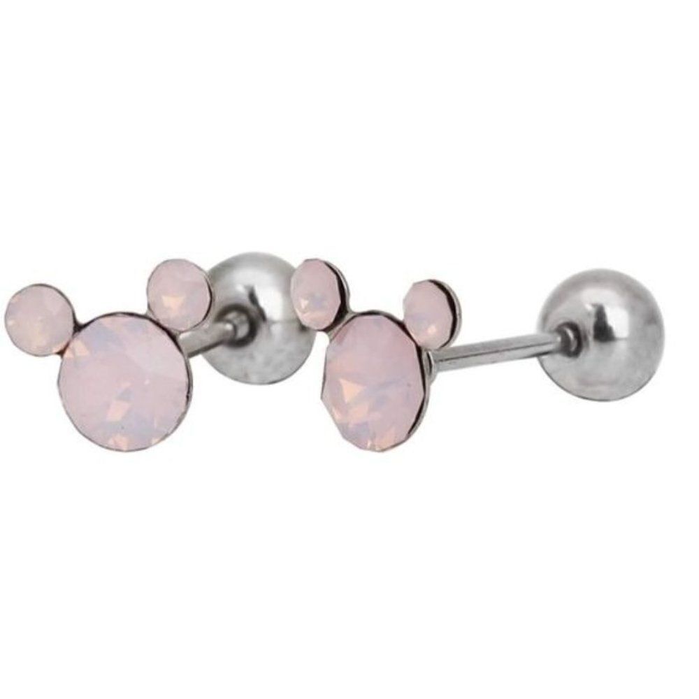 Silver 316L and Pink Opal Cubic Zirconia Mickey Mouse Screwback Post Earrings